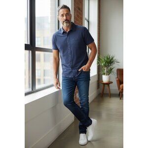 J.Crew Mens Short Sleeve Knit Button Down Shirt Navy Blue Size M